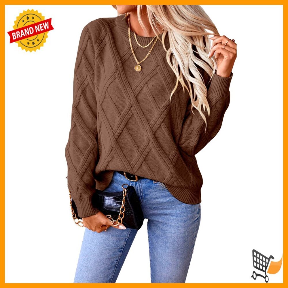 Cable Knit Crewneck Sweater, Long Sleeve Pullover, Loose Fit, Fall Tops